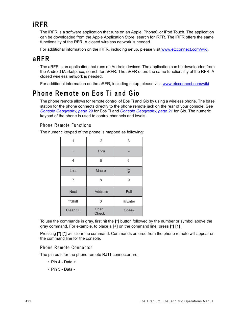 Irfr, Arfr, Phone remote on eos ti and gio | Phone remote functions, Phone remote connector | ETC Eos Titanium, Eos, and Gio v2.0.0 User Manual | Page 440 / 476