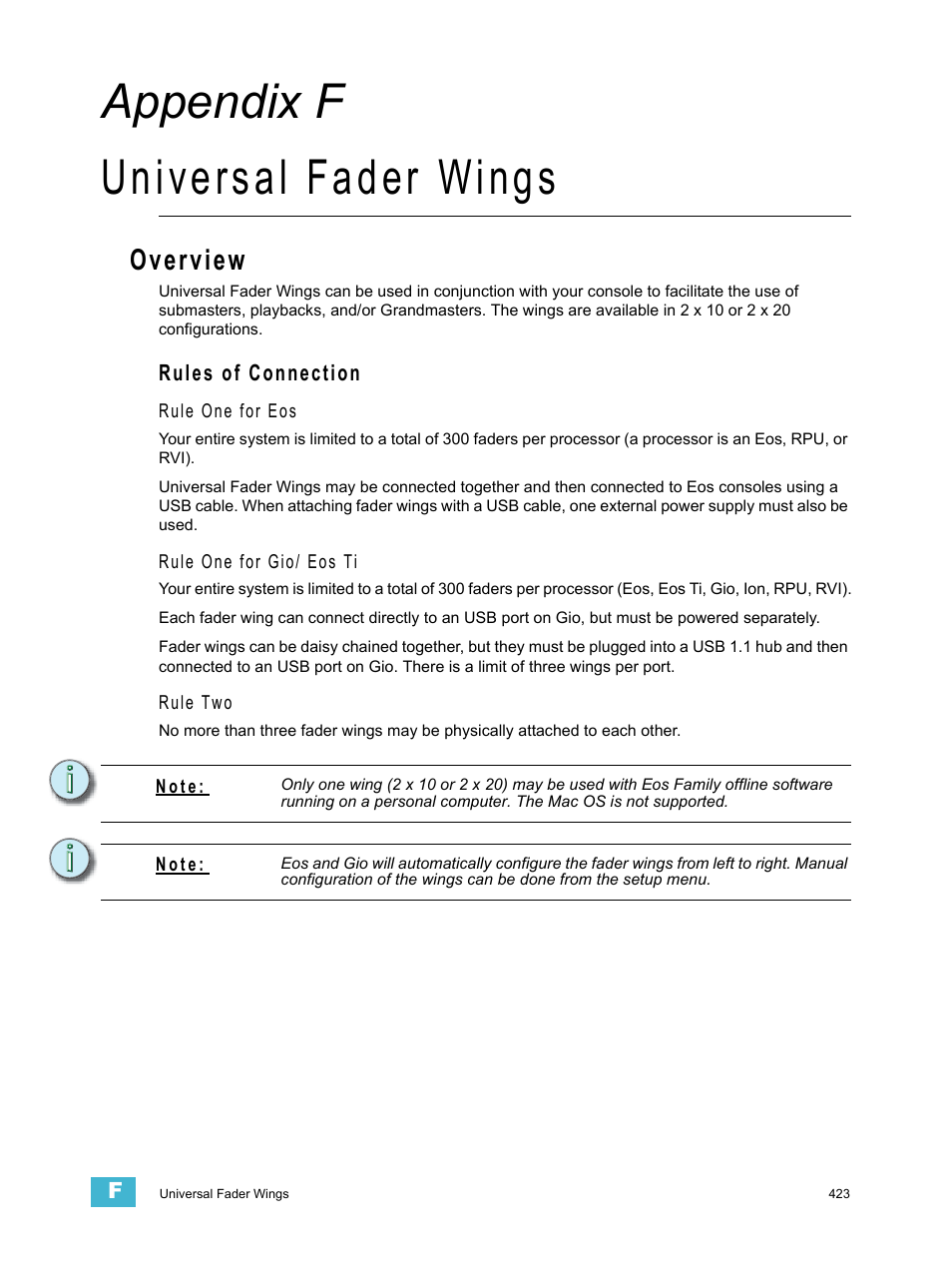 Universal fader wings, Overview, Rules of connection | A p p e n d i x f, Wings, see, Universal fader, Appendix f universal fader wings | ETC Eos Titanium, Eos, and Gio v2.0.0 User Manual | Page 441 / 476