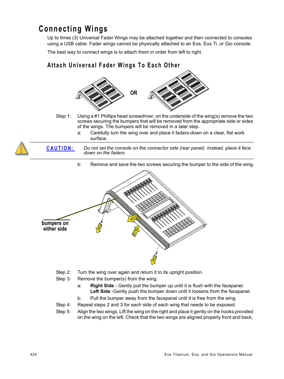 Connecting wings, Attach universal fader wings to each other | ETC Eos Titanium, Eos, and Gio v2.0.0 User Manual | Page 442 / 476