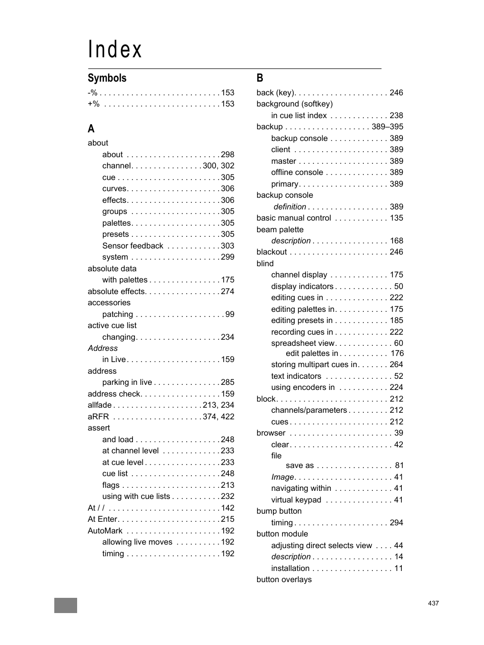 Index, Symbols | ETC Eos Titanium, Eos, and Gio v2.0.0 User Manual | Page 447 / 476