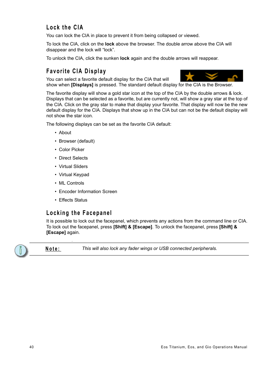 Lock the cia, Favorite cia display, Locking the facepanel | ETC Eos Titanium, Eos, and Gio v2.0.0 User Manual | Page 58 / 476