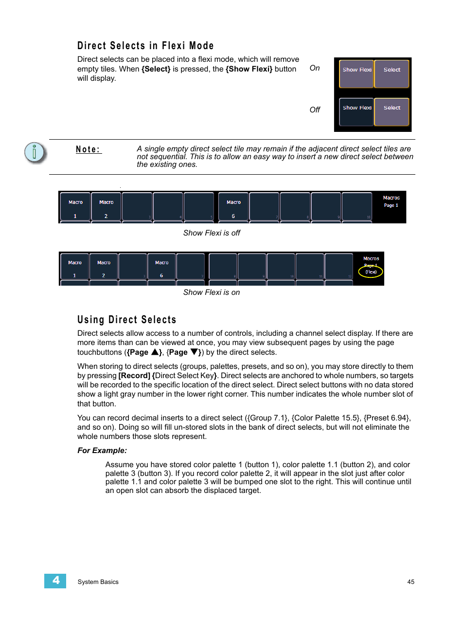 Direct selects in flexi mode, Using direct selects, Direct selects in flexi mode using direct selects | ETC Eos Titanium, Eos, and Gio v2.0.0 User Manual | Page 63 / 476