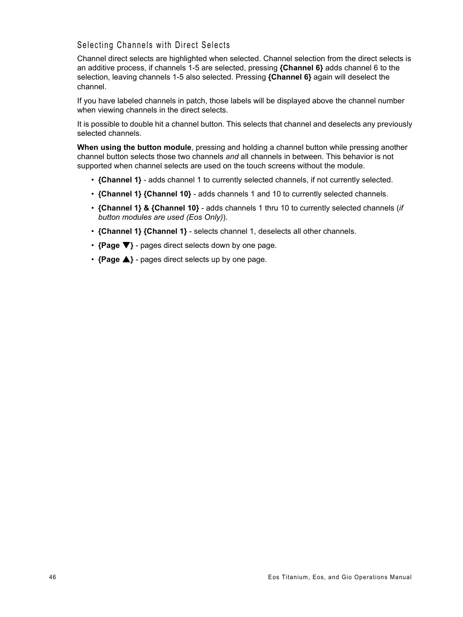 Selecting channels with direct selects | ETC Eos Titanium, Eos, and Gio v2.0.0 User Manual | Page 64 / 476