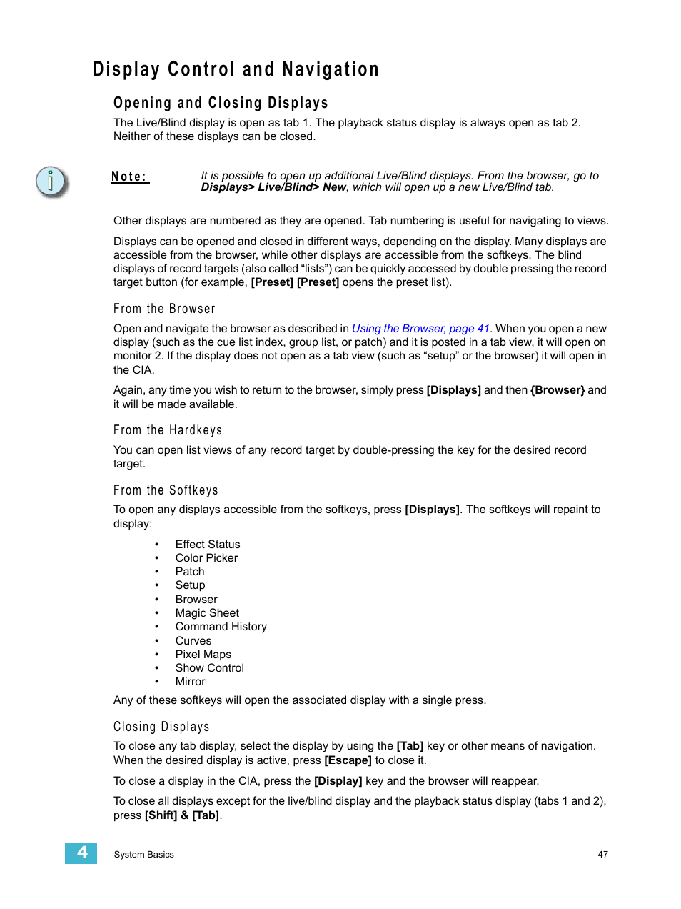 Display control and navigation, Opening and closing displays | ETC Eos Titanium, Eos, and Gio v2.0.0 User Manual | Page 65 / 476