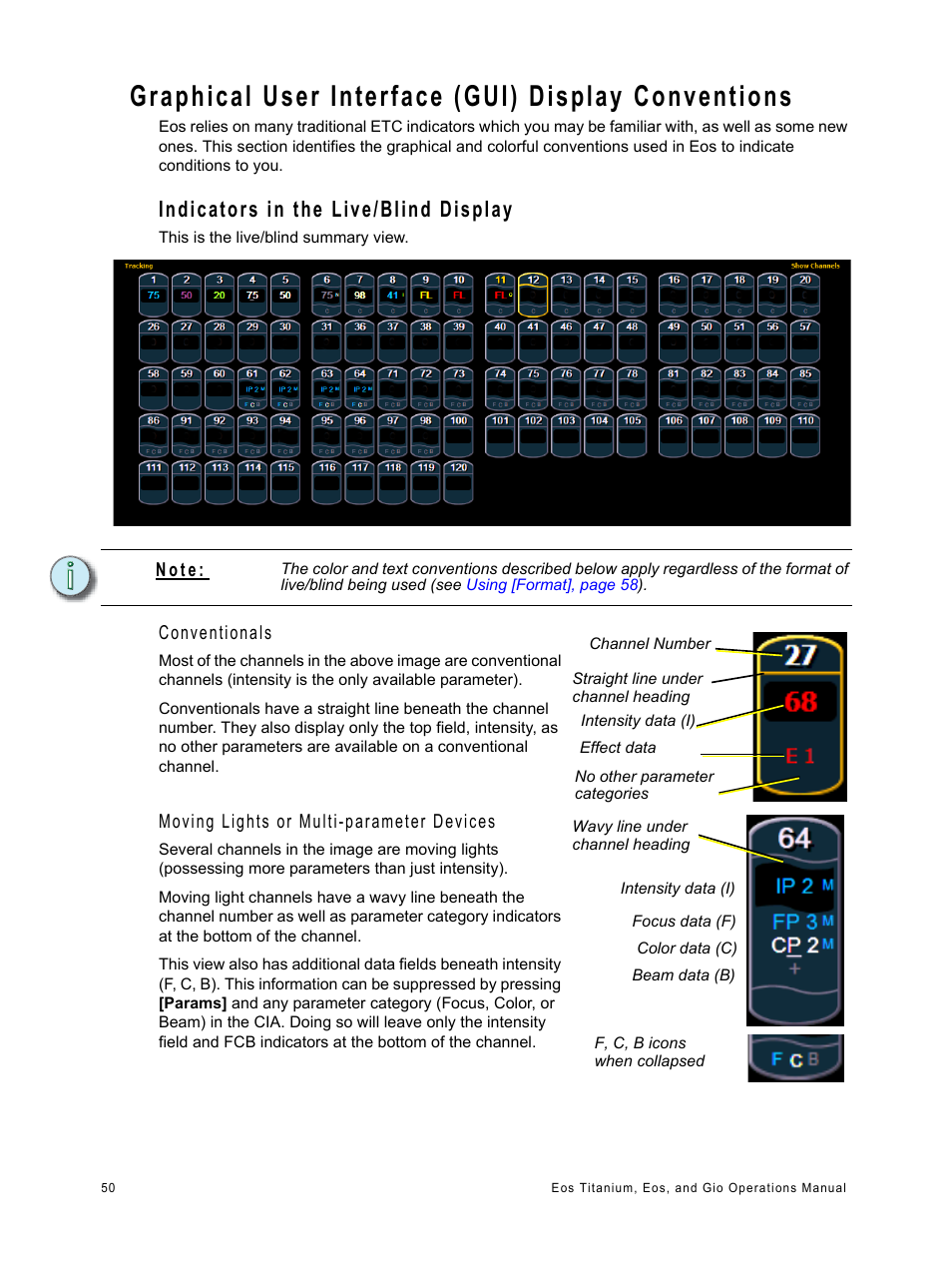 Graphical user interface (gui) display conventions, Indicators in the live/blind display | ETC Eos Titanium, Eos, and Gio v2.0.0 User Manual | Page 68 / 476