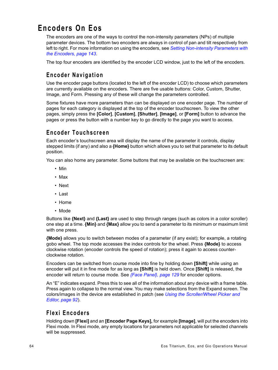 Encoders on eos, Encoder navigation, Encoder touchscreen | Flexi encoders | ETC Eos Titanium, Eos, and Gio v2.0.0 User Manual | Page 82 / 476