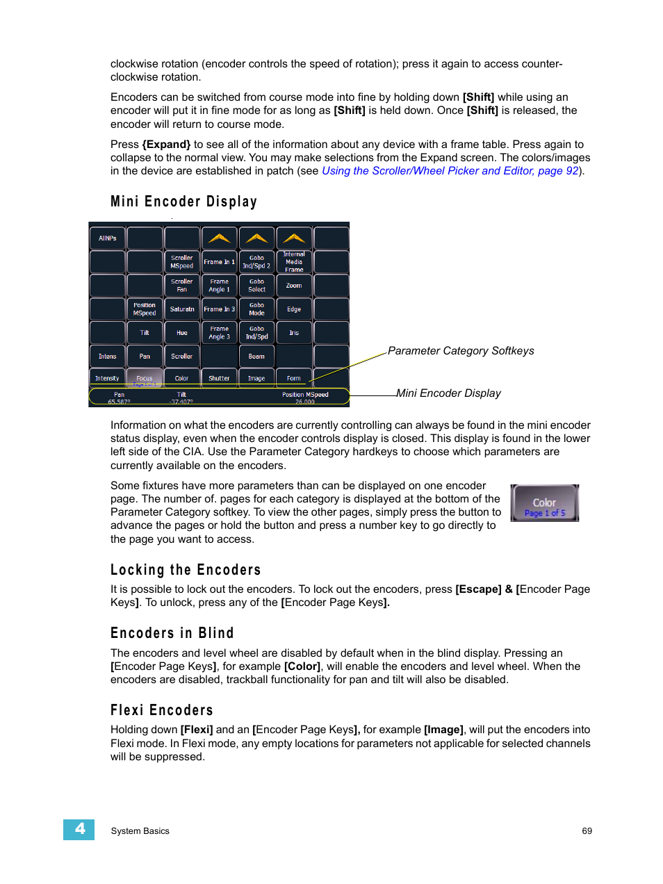 Mini encoder display, Locking the encoders, Encoders in blind | Flexi encoders | ETC Eos Titanium, Eos, and Gio v2.0.0 User Manual | Page 87 / 476