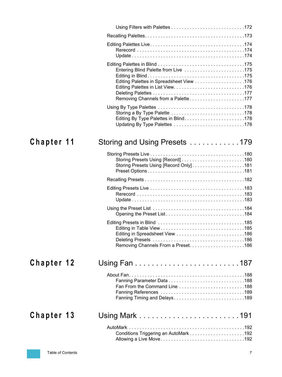 Storing and using presets, Using fan, Using mark | ETC Eos Titanium, Eos, and Gio v2.0.0 User Manual | Page 9 / 476