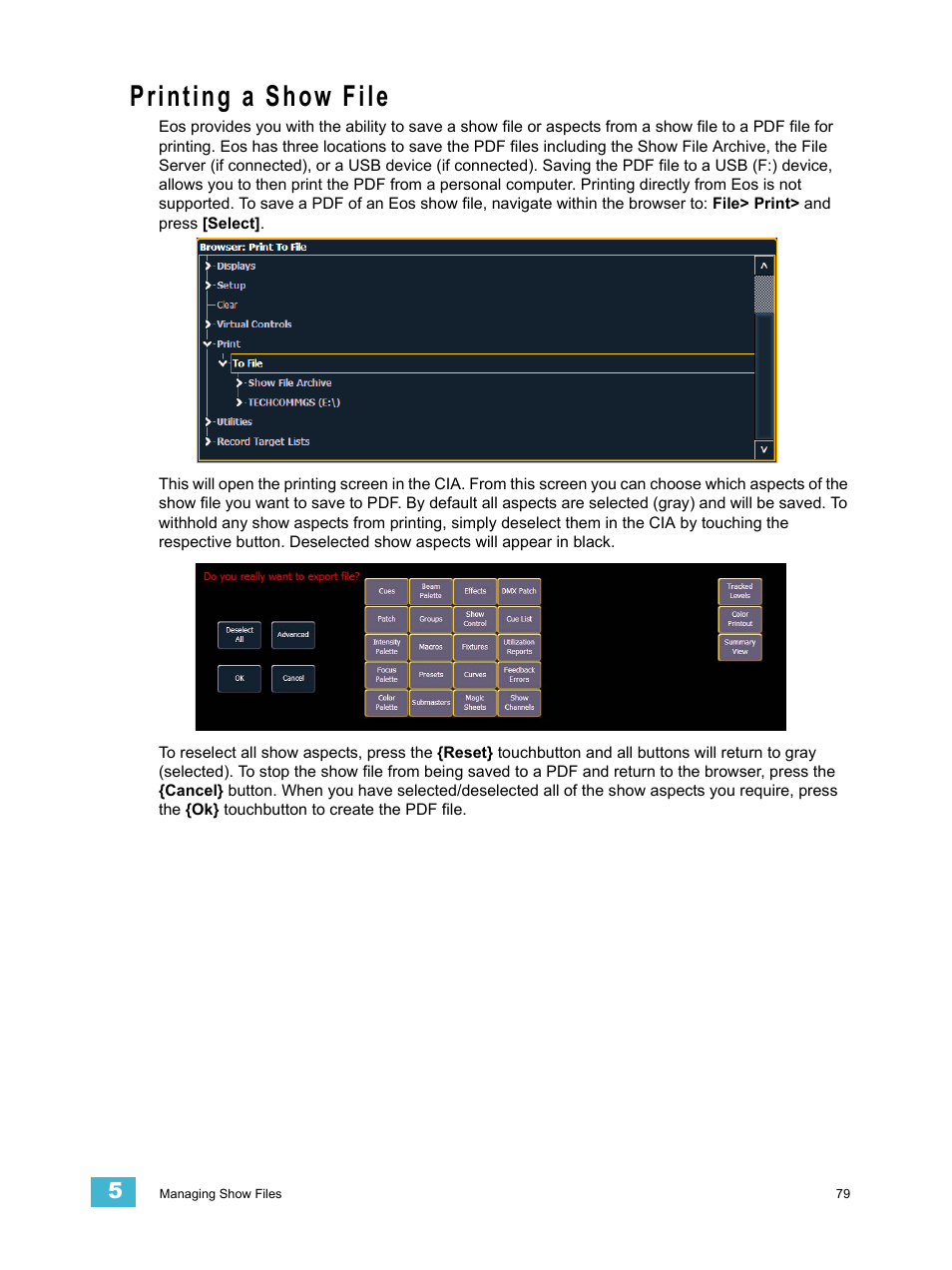 Printing a show file | ETC Eos Titanium, Eos, and Gio v2.0.0 User Manual | Page 97 / 476