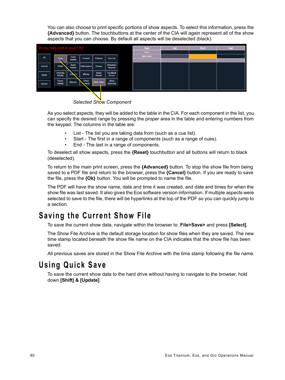 Saving the current show file, Using quick save | ETC Eos Titanium, Eos, and Gio v2.0.0 User Manual | Page 98 / 476