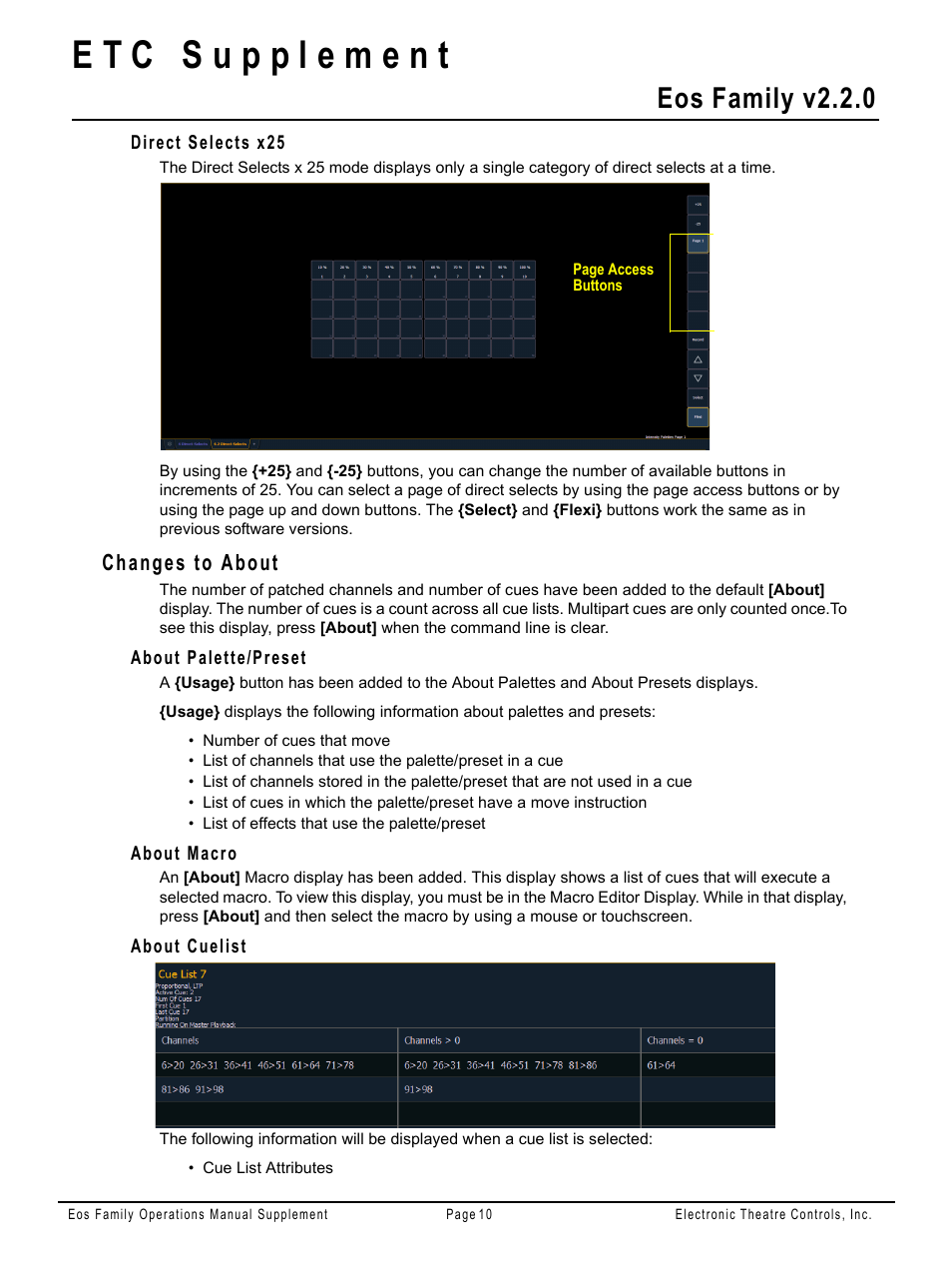 Direct selects x25, Changes to about, About palette/preset | About macro, About cuelist, Eos family v2.2.0 | ETC Eos Family v2.2.0 User Manual | Page 10 / 30