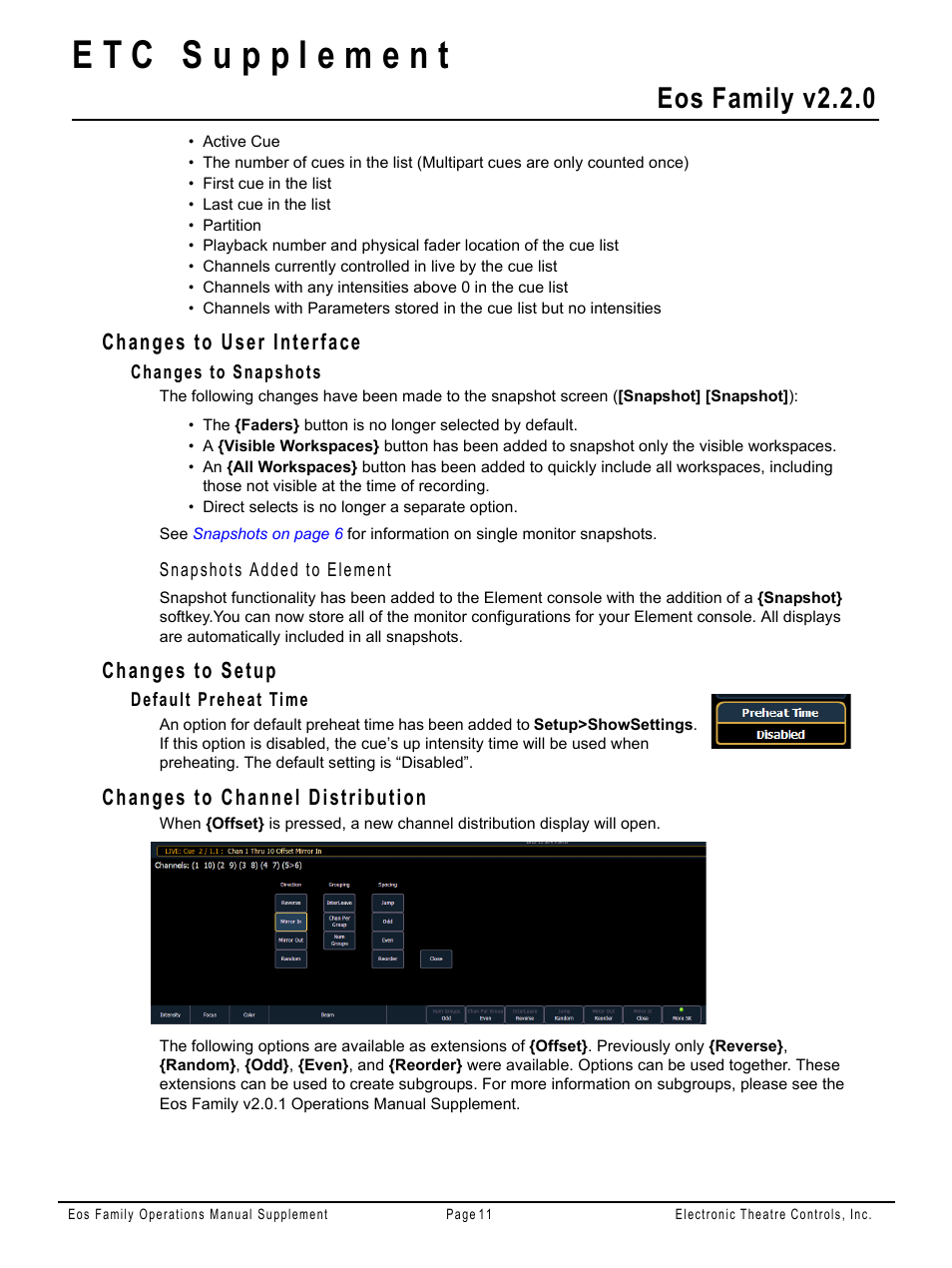 Changes to user interface, Changes to snapshots, Changes to setup | Default preheat time, Changes to channel distribution, Eos family v2.2.0 | ETC Eos Family v2.2.0 User Manual | Page 11 / 30