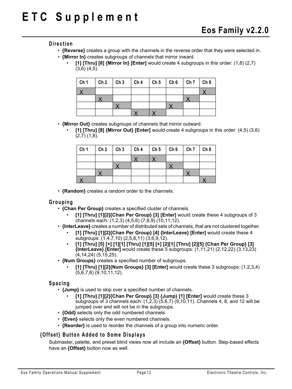 Direction, Grouping, Spacing | Offset} button added to some displays, Eos family v2.2.0 | ETC Eos Family v2.2.0 User Manual | Page 12 / 30