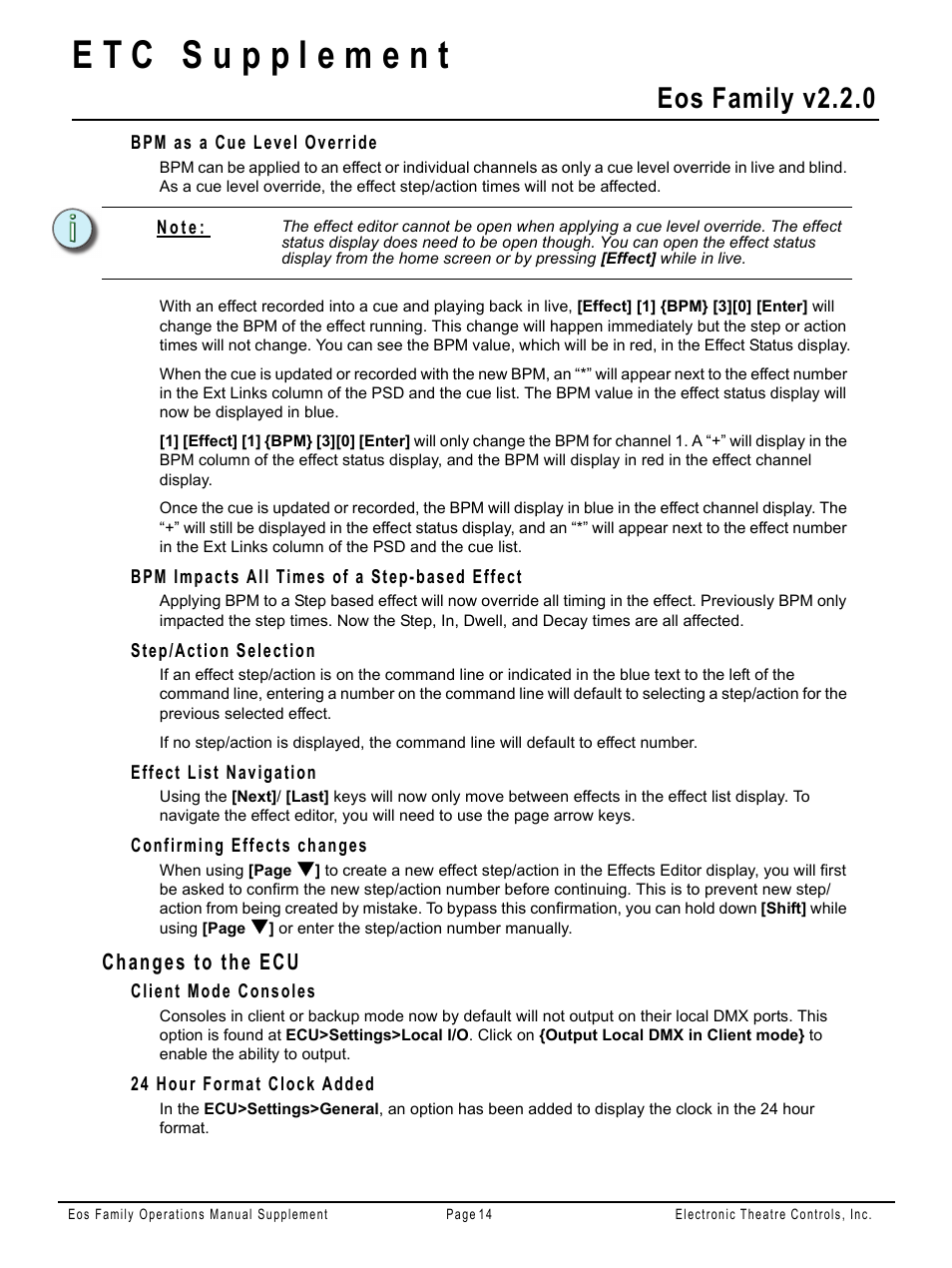 Bpm as a cue level override, Bpm impacts all times of a step-based effect, Step/action selection | Effect list navigation, Confirming effects changes, Changes to the ecu, Client mode consoles, 24 hour format clock added, Eos family v2.2.0 | ETC Eos Family v2.2.0 User Manual | Page 14 / 30