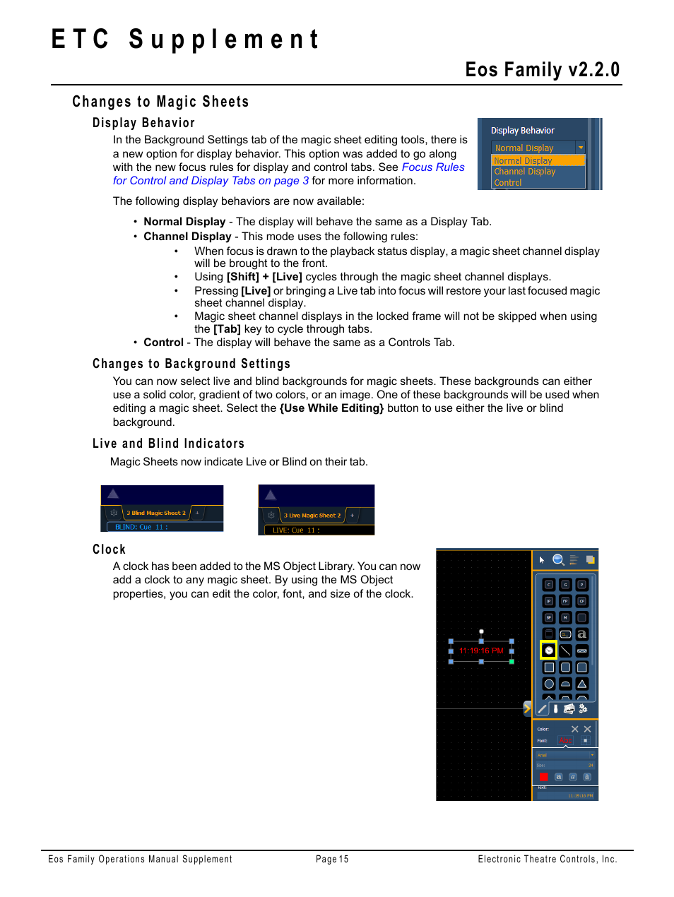 Changes to magic sheets, Display behavior, Changes to background settings | Live and blind indicators, Clock, Eos family v2.2.0 | ETC Eos Family v2.2.0 User Manual | Page 15 / 30