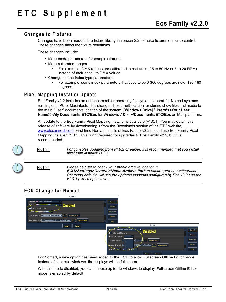 Changes to fixtures, Pixel mapping installer update, Ecu change for nomad | Eos family v2.2.0 | ETC Eos Family v2.2.0 User Manual | Page 16 / 30