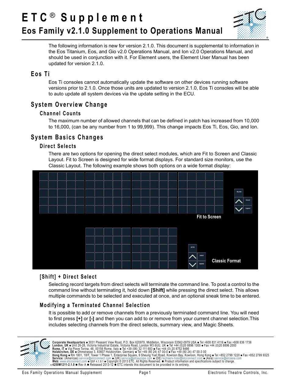 Eos ti, System overview change, Channel counts | System basics changes, Direct selects, Shift] + direct select, Modifying a terminated channel selection, E t c, Eos family v2.1.0 supplement to operations manual | ETC Eos Family v2.2.0 User Manual | Page 18 / 30