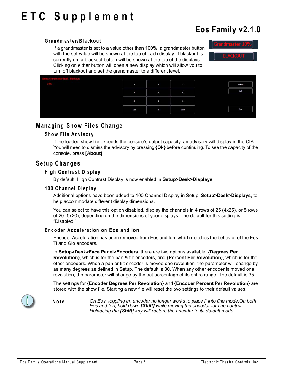 Grandmaster/blackout, Managing show files change, Show file advisory | Setup changes, High contrast display, 100 channel display, Encoder acceleration on eos and ion, Eos family v2.1.0 | ETC Eos Family v2.2.0 User Manual | Page 19 / 30