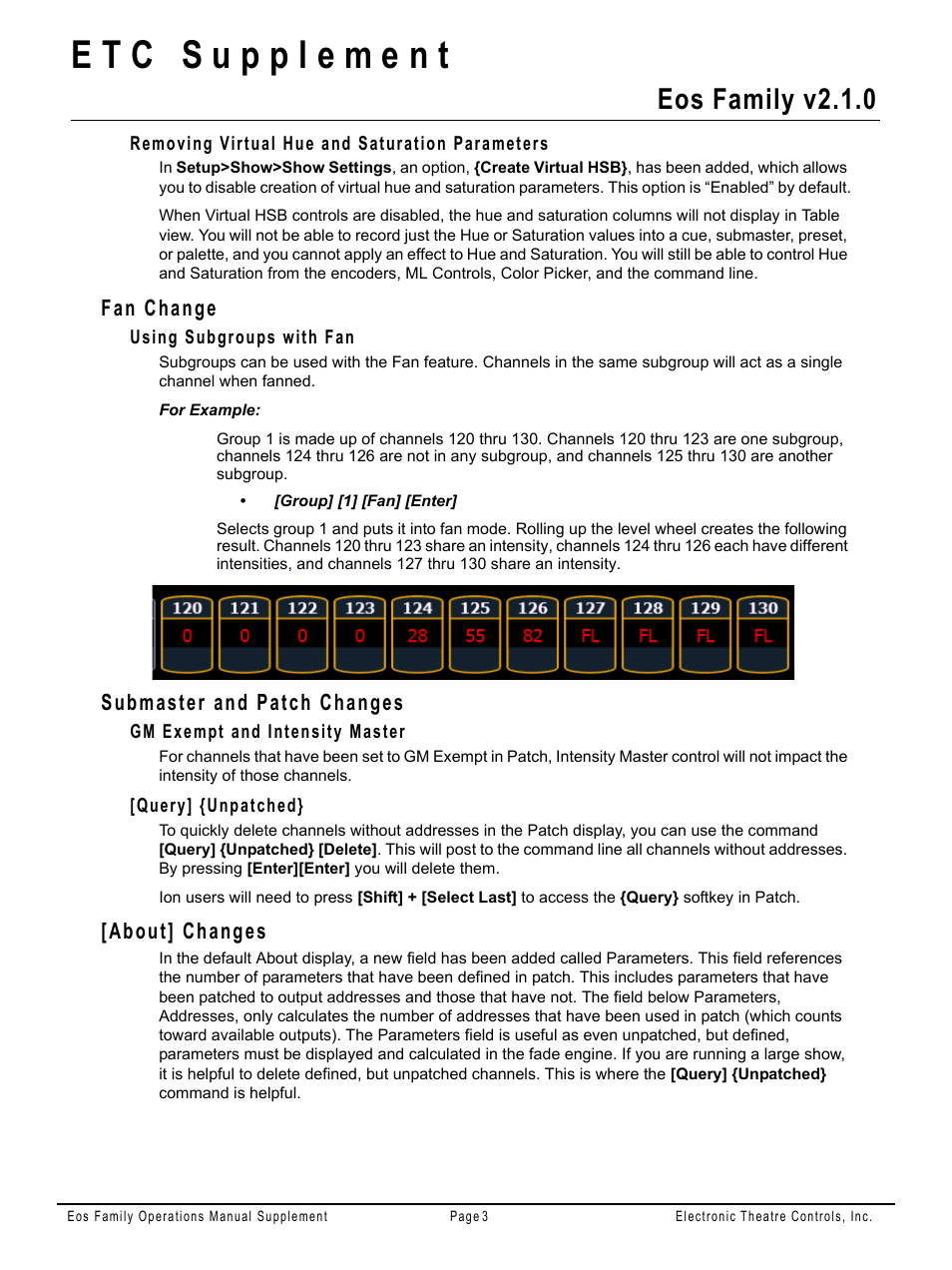 Removing virtual hue and saturation parameters, Fan change, Using subgroups with fan | Submaster and patch changes, Gm exempt and intensity master, Query] {unpatched, About] changes, Eos family v2.1.0 | ETC Eos Family v2.2.0 User Manual | Page 20 / 30