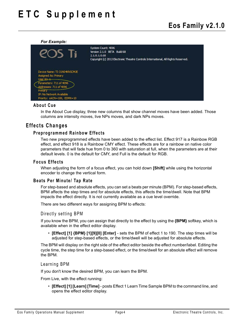 About cue, Effects changes, Preprogrammed rainbow effects | Focus effects, Beats per minute/ tap rate, Eos family v2.1.0 | ETC Eos Family v2.2.0 User Manual | Page 21 / 30