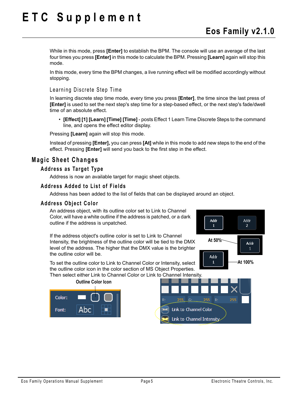 Magic sheet changes, Address as target type, Address added to list of fields | Address object color, Eos family v2.1.0 | ETC Eos Family v2.2.0 User Manual | Page 22 / 30