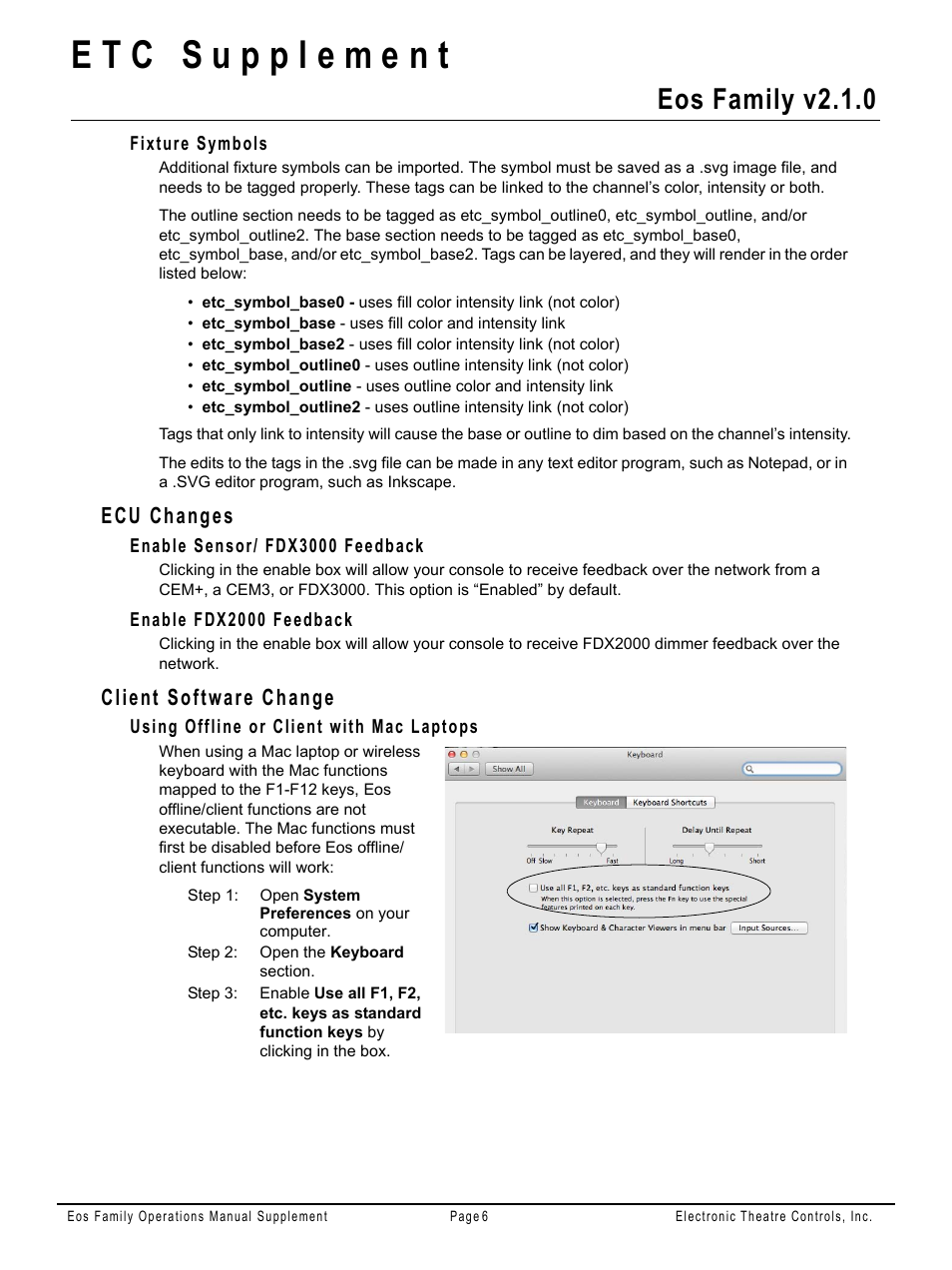 Fixture symbols, Ecu changes, Enable sensor/ fdx3000 feedback | Enable fdx2000 feedback, Client software change, Using offline or client with mac laptops, Eos family v2.1.0 | ETC Eos Family v2.2.0 User Manual | Page 23 / 30