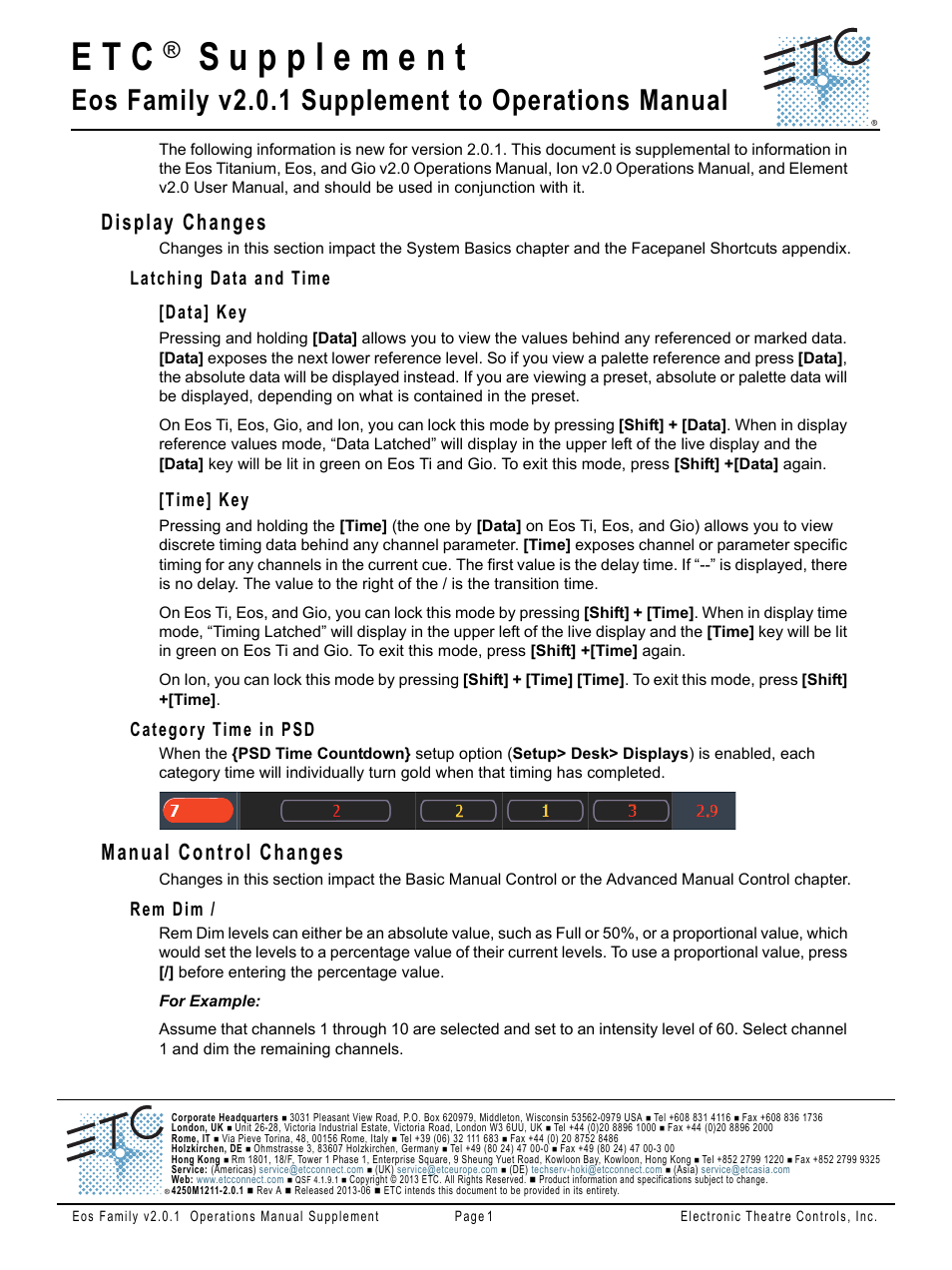 Display changes, Latching data and time, Data] key | Time] key, Category time in psd, Manual control changes, Rem dim, E t c, Eos family v2.0.1 supplement to operations manual, Latching data and time [data] key | ETC Eos Family v2.2.0 User Manual | Page 24 / 30