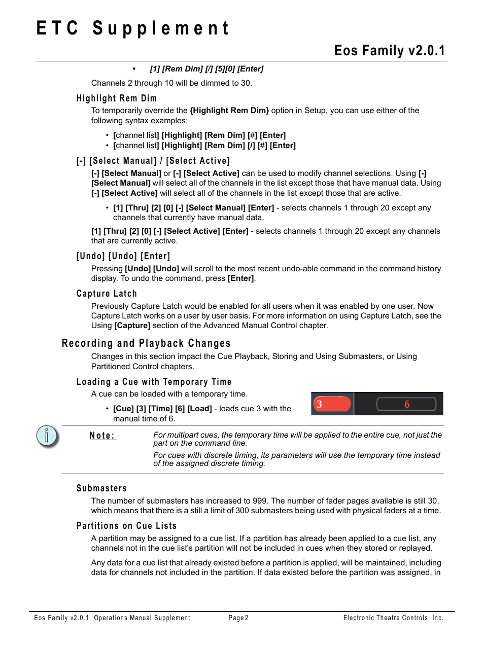 Highlight rem dim, Select manual] / [select active, Undo] [undo] [enter | Capture latch, Recording and playback changes, Loading a cue with temporary time, Submasters, Partitions on cue lists, Eos family v2.0.1 | ETC Eos Family v2.2.0 User Manual | Page 25 / 30