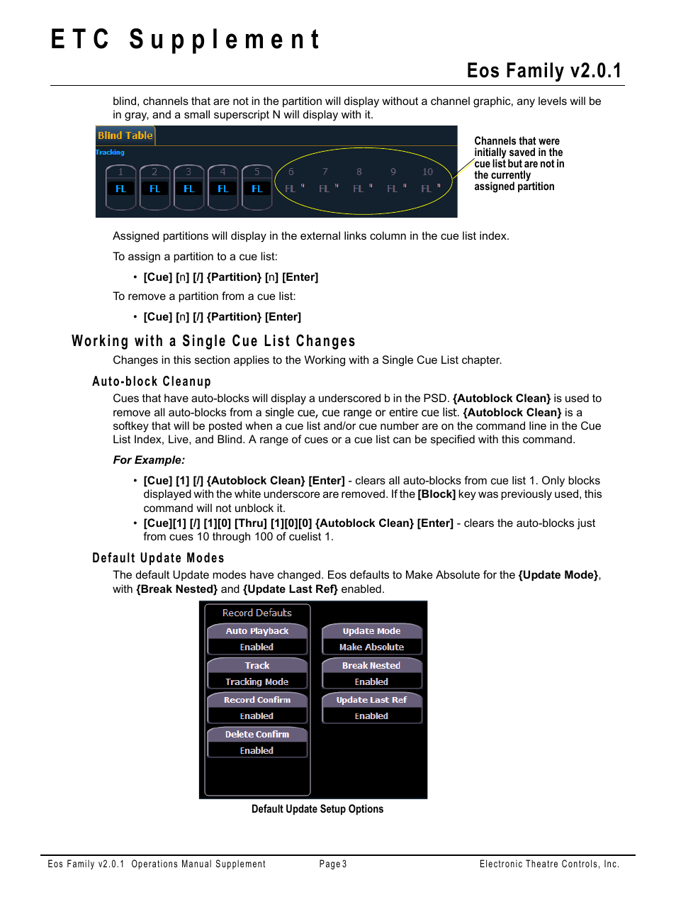 Working with a single cue list changes, Auto-block cleanup, Default update modes | Eos family v2.0.1 | ETC Eos Family v2.2.0 User Manual | Page 26 / 30