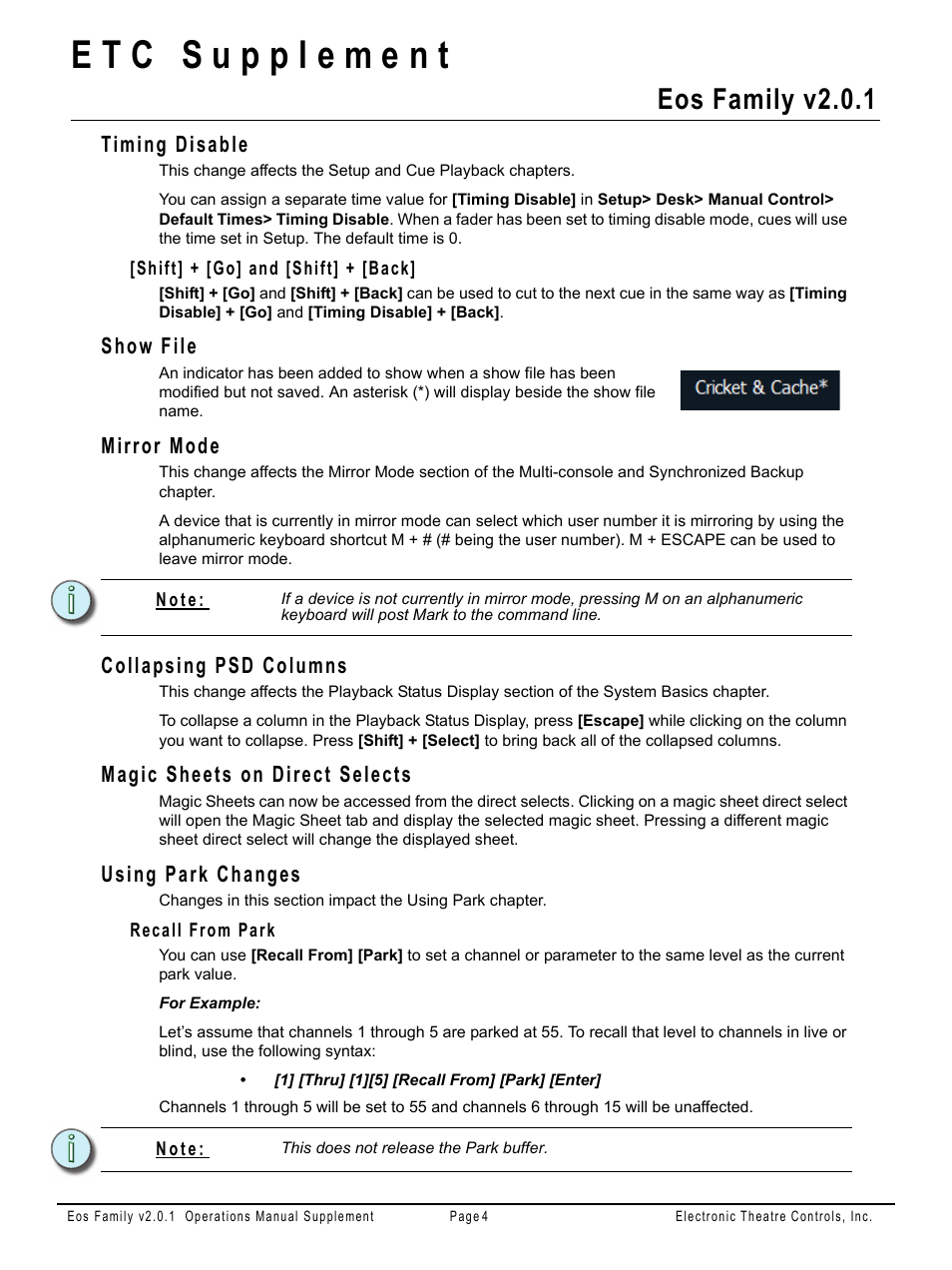 Timing disable, Shift] + [go] and [shift] + [back, Show file | Mirror mode, Collapsing psd columns, Magic sheets on direct selects, Using park changes, Recall from park, Eos family v2.0.1 | ETC Eos Family v2.2.0 User Manual | Page 27 / 30