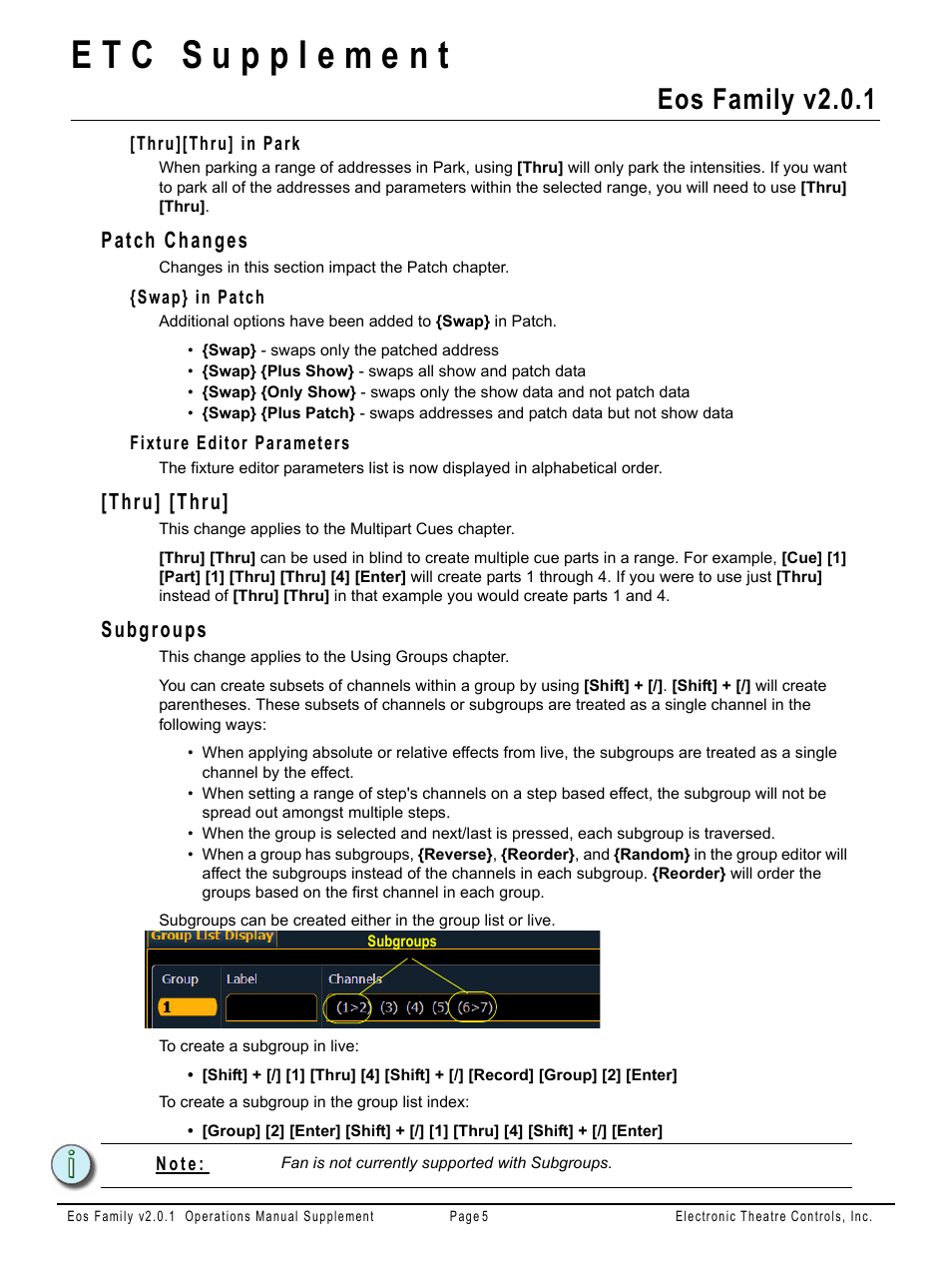 Thru][thru] in park, Patch changes, Swap} in patch | Fixture editor parameters, Thru] [thru, Subgroups, Eos family v2.0.1 | ETC Eos Family v2.2.0 User Manual | Page 28 / 30