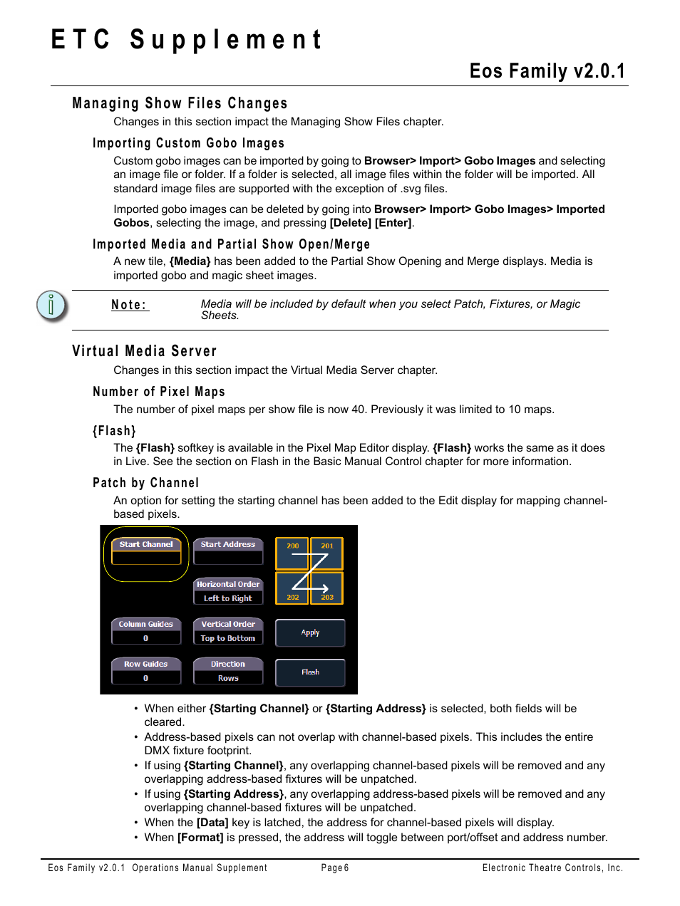 Managing show files changes, Importing custom gobo images, Imported media and partial show open/merge | Virtual media server, Number of pixel maps, Flash, Patch by channel, Eos family v2.0.1 | ETC Eos Family v2.2.0 User Manual | Page 29 / 30