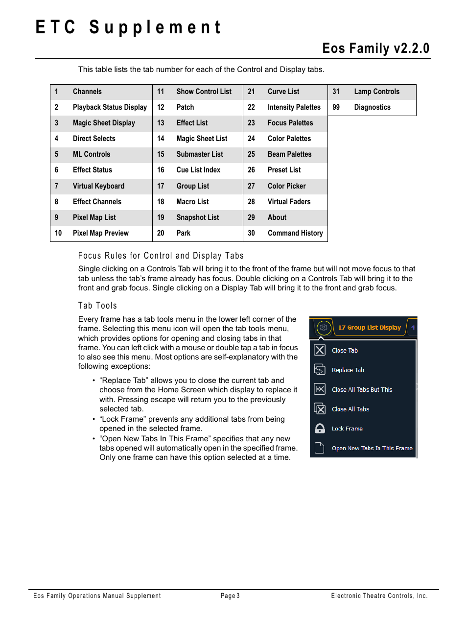 Eos family v2.2.0, Focus rules for control and display tabs, Tab tools | ETC Eos Family v2.2.0 User Manual | Page 3 / 30