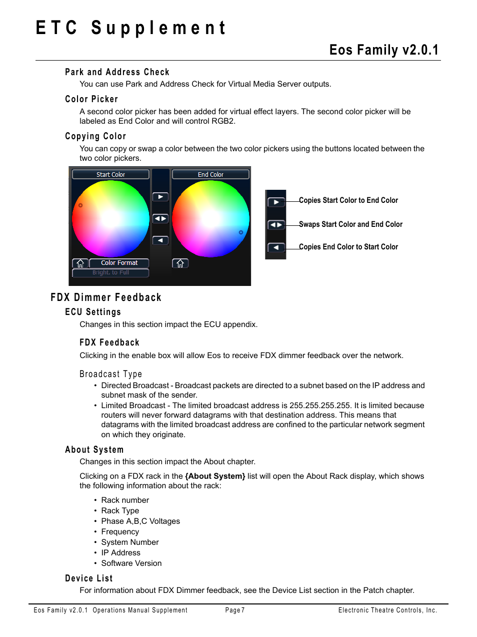 Park and address check, Color picker, Copying color | Fdx dimmer feedback, Ecu settings, Fdx feedback, About system, Device list, Eos family v2.0.1 | ETC Eos Family v2.2.0 User Manual | Page 30 / 30