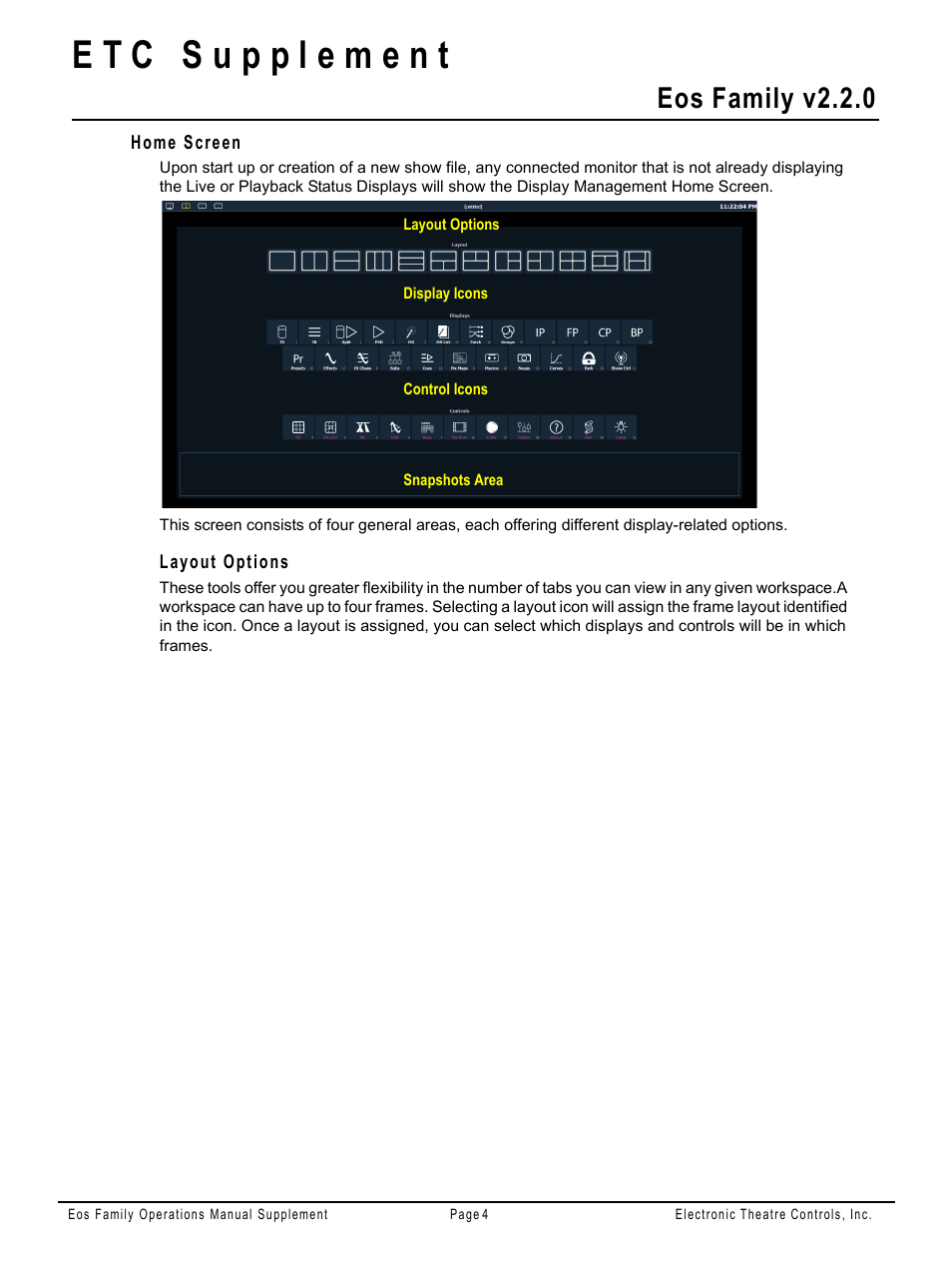 Home screen, Layout options, Or t | Eos family v2.2.0 | ETC Eos Family v2.2.0 User Manual | Page 4 / 30