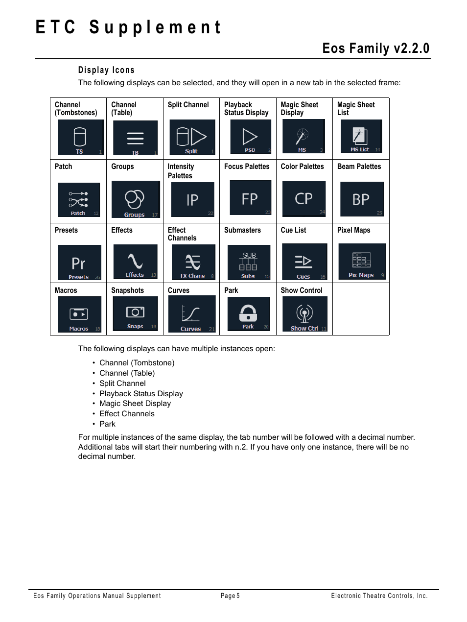 Display icons, For a list, Eos family v2.2.0 | ETC Eos Family v2.2.0 User Manual | Page 5 / 30