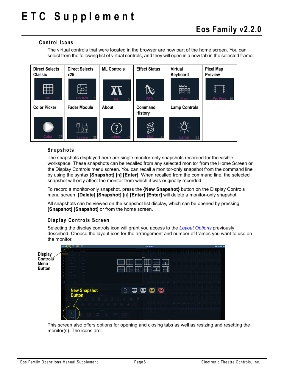 Control icons, Snapshots, Display controls screen | Eos family v2.2.0 | ETC Eos Family v2.2.0 User Manual | Page 6 / 30