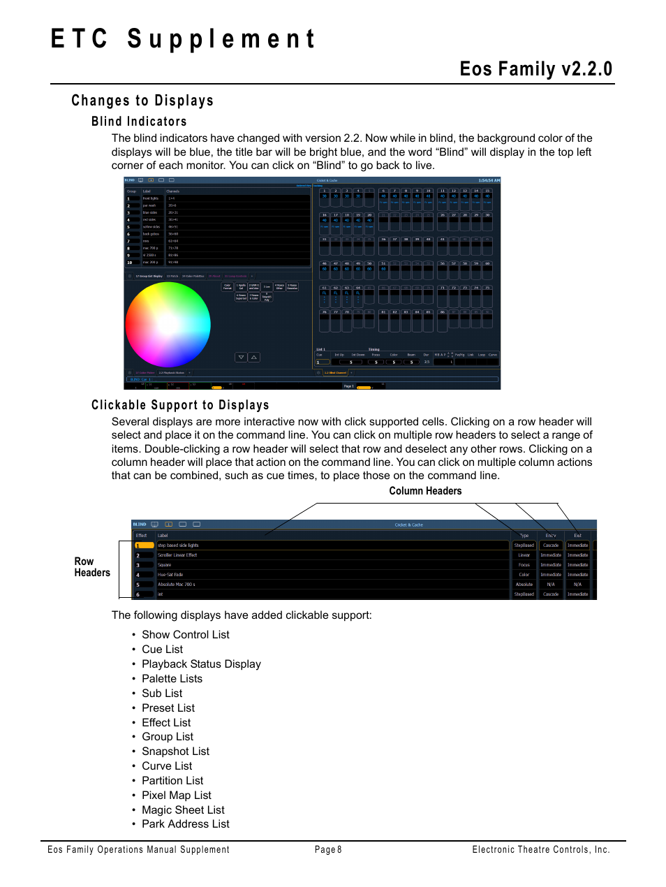 Changes to displays, Blind indicators, Clickable support to displays | Eos family v2.2.0 | ETC Eos Family v2.2.0 User Manual | Page 8 / 30