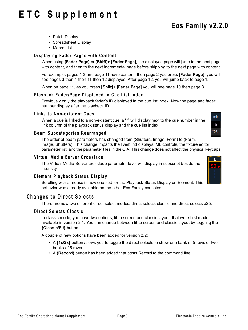 Links to non-existent cues, Beam subcategories rearranged, Virtual media server crossfade | Element playback status display, Changes to direct selects, Direct selects classic, Eos family v2.2.0 | ETC Eos Family v2.2.0 User Manual | Page 9 / 30
