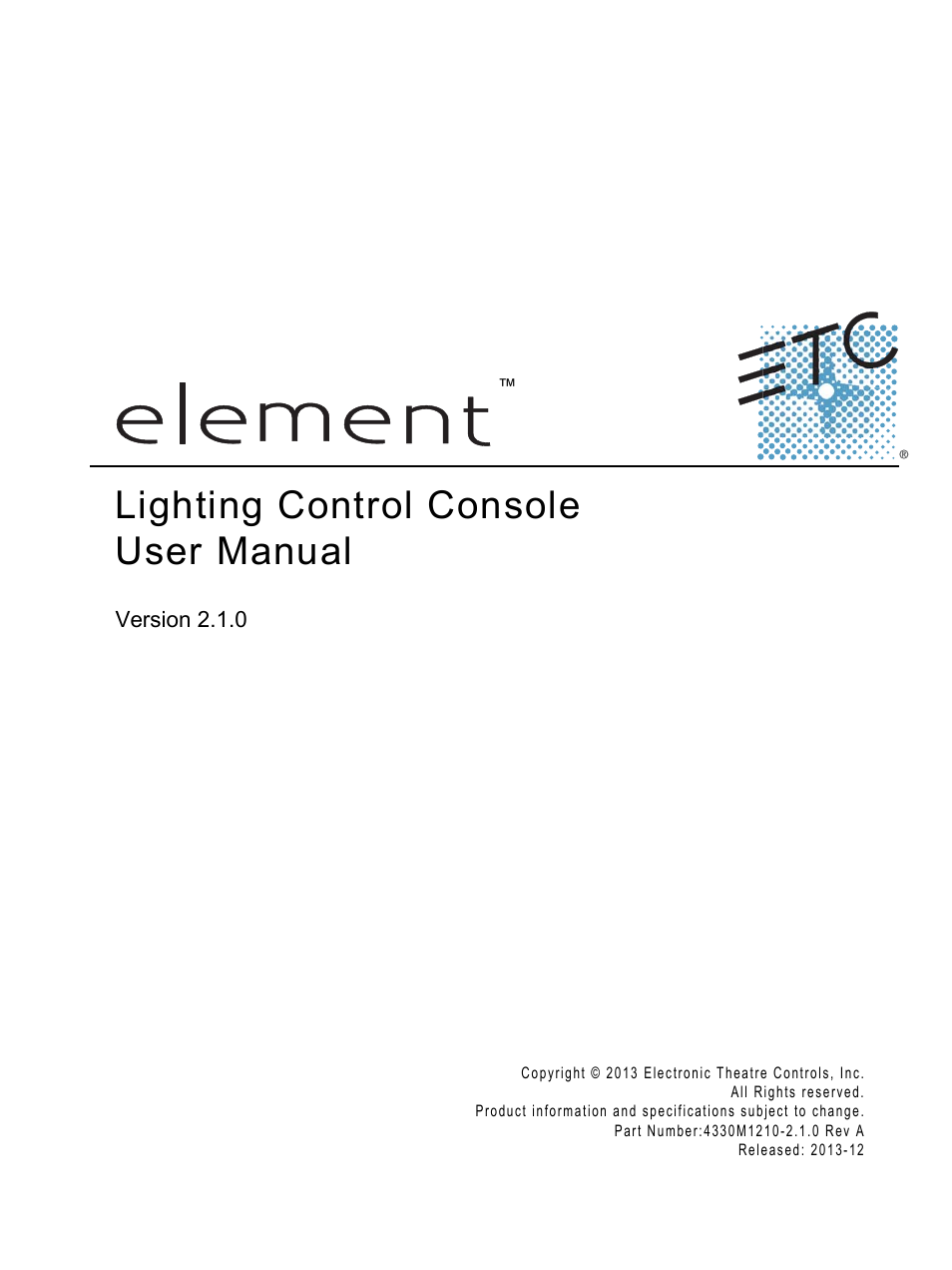 ETC Element v2.1.0 User Manual | 318 pages