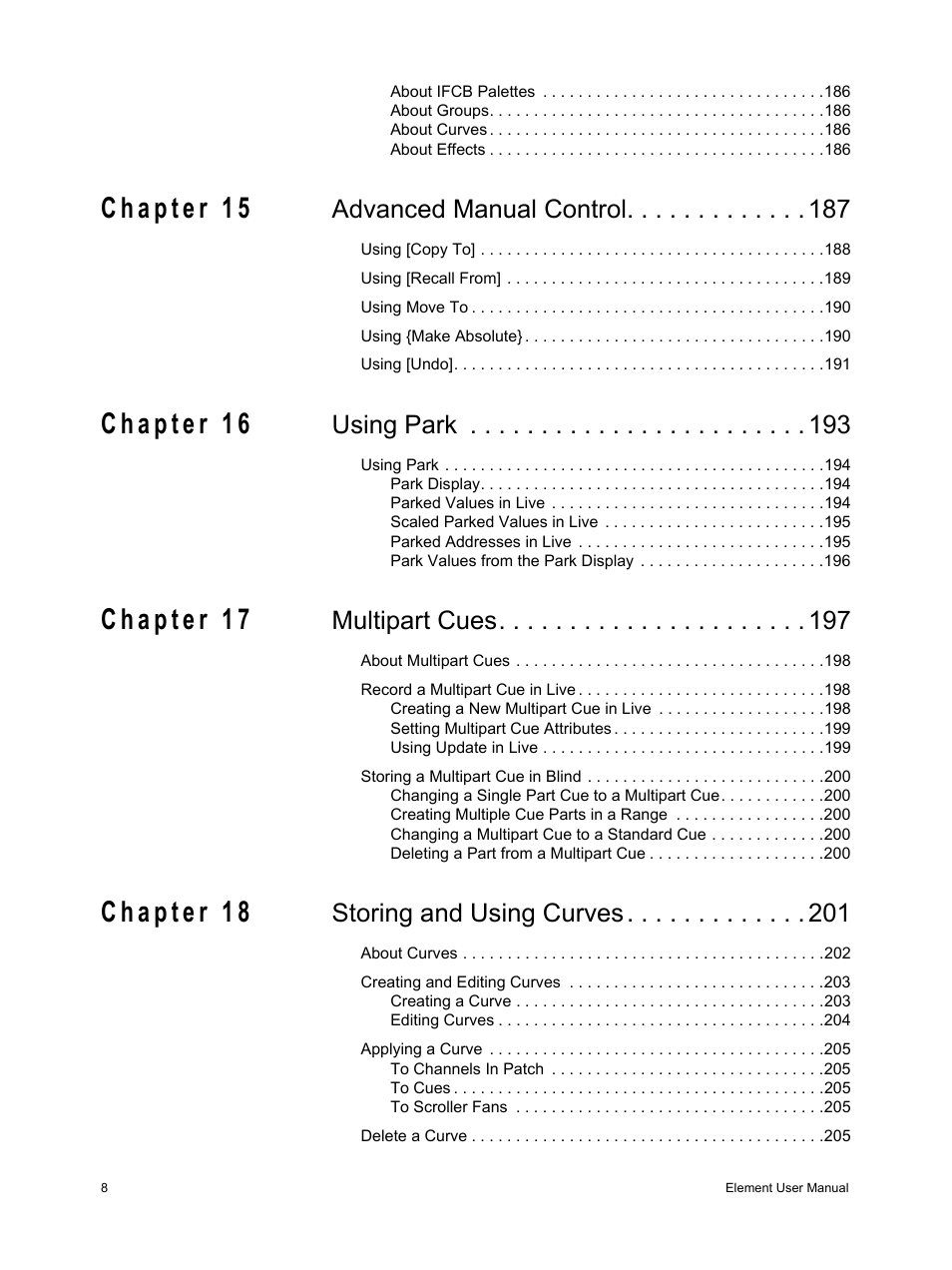 Advanced manual control, Using park, Multipart cues | Storing and using curves | ETC Element v2.1.0 User Manual | Page 10 / 318