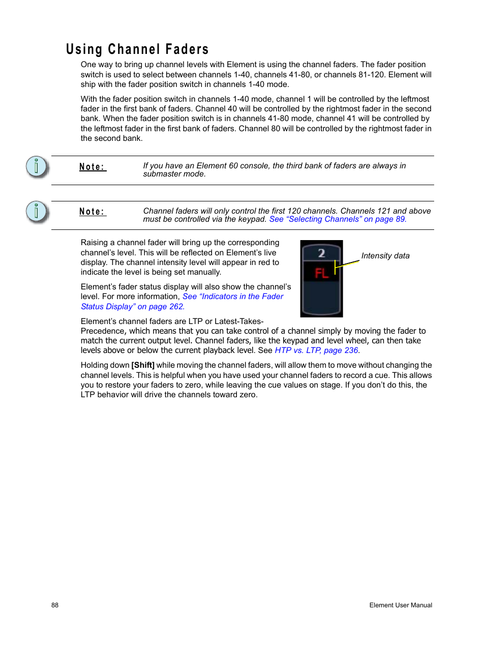 Using channel faders | ETC Element v2.1.0 User Manual | Page 100 / 318