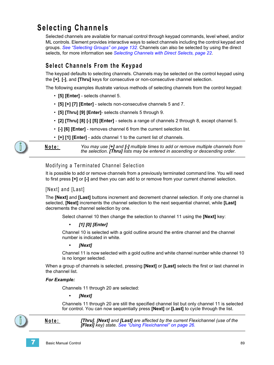 Selecting channels, Select channels from the keypad | ETC Element v2.1.0 User Manual | Page 101 / 318