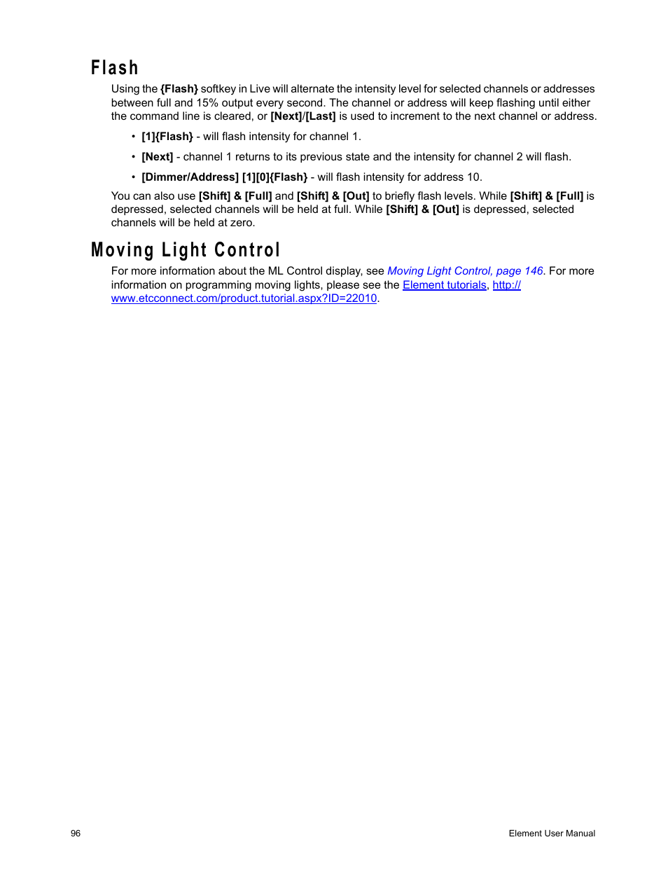 Flash, Moving light control | ETC Element v2.1.0 User Manual | Page 108 / 318