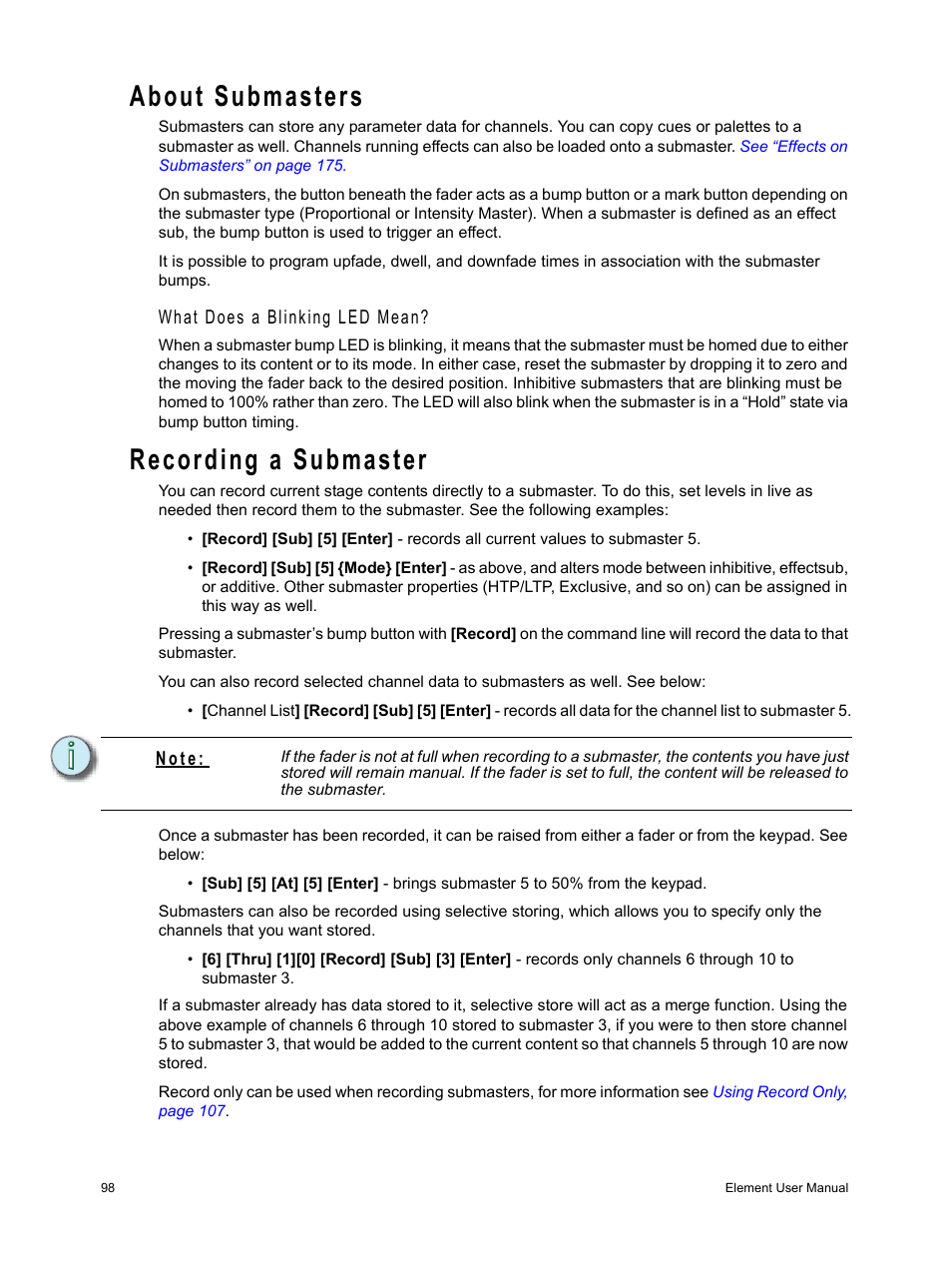 About submasters, Recording a submaster | ETC Element v2.1.0 User Manual | Page 110 / 318