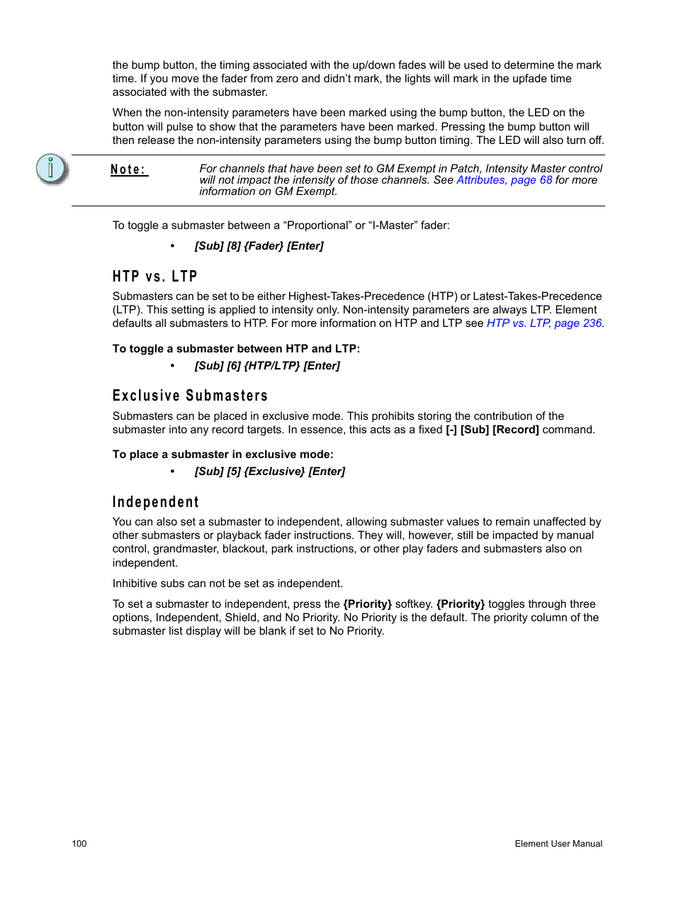 Htp vs. ltp, Exclusive submasters, Independent | Htp vs. ltp exclusive submasters independent | ETC Element v2.1.0 User Manual | Page 112 / 318