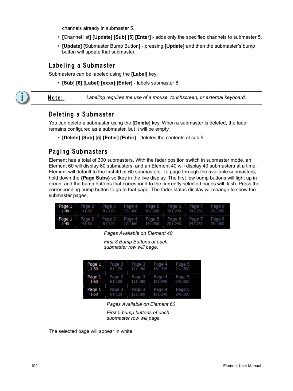 Labeling a submaster, Deleting a submaster, Paging submasters | Labeling a submaster deleting a submaster | ETC Element v2.1.0 User Manual | Page 114 / 318