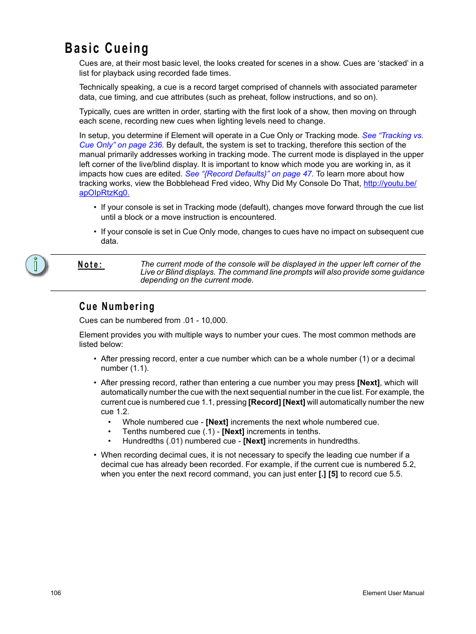 Basic cueing, Cue numbering, N o t e | ETC Element v2.1.0 User Manual | Page 118 / 318