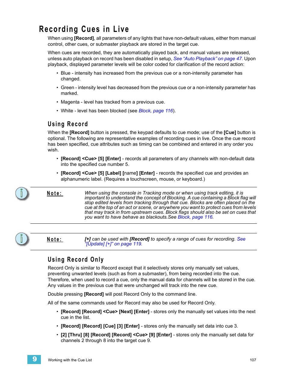 Recording cues in live, Using record, Using record only | Using record using record only | ETC Element v2.1.0 User Manual | Page 119 / 318