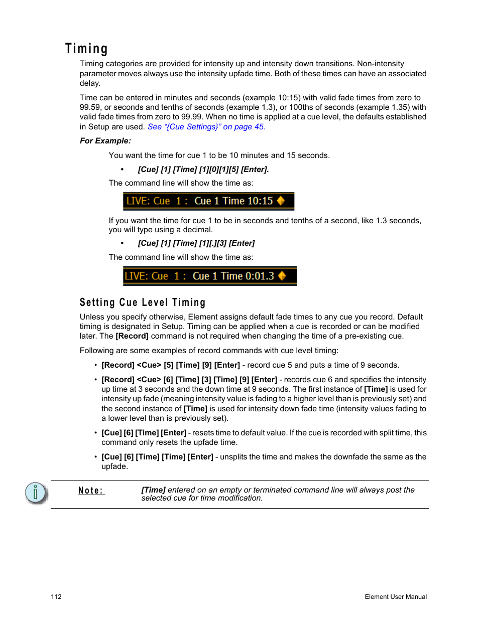 Timing, Setting cue level timing | ETC Element v2.1.0 User Manual | Page 124 / 318